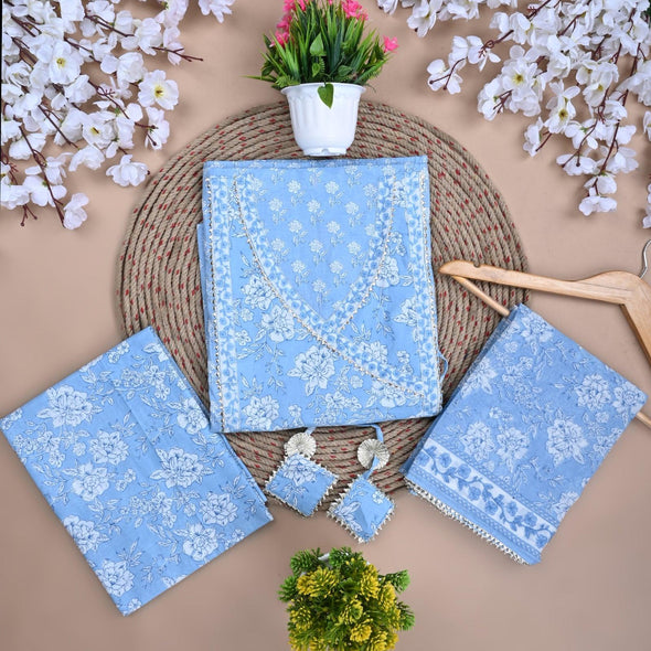 Traditional Screen Print Cotton Unstitched Suit With Cotton Dupatta (Sky Blue-SHKS1092) - Frionkandy