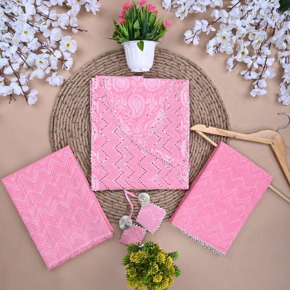 Traditional Screen Print Cotton Unstitched Suit With Cotton Dupatta (Pink-SHKS1093) - Frionkandy