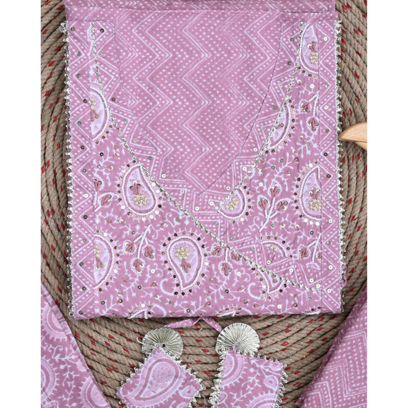 Traditional Screen Print Cotton Unstitched Suit With Cotton Dupatta Pink-SHKS1098