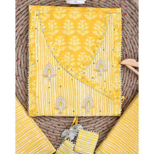 Traditional Screen Print Cotton Unstitched Suit With Cotton Dupatta (Yellow-SHKS1102) - Frionkandy