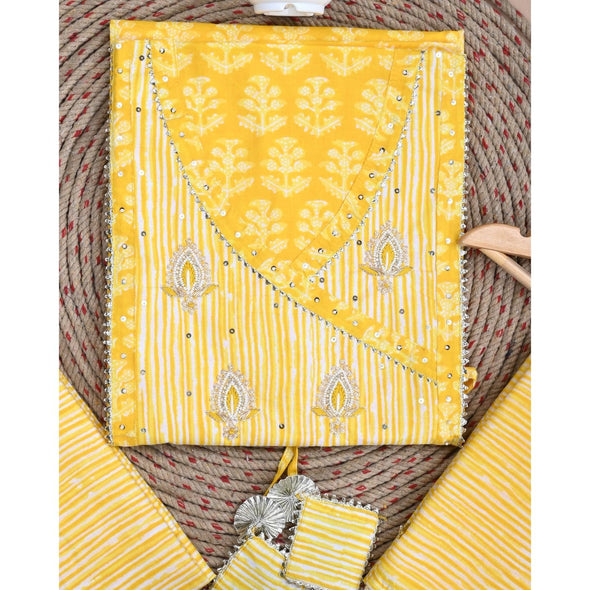 Traditional Screen Print Cotton Unstitched Suit With Cotton Dupatta Yellow-SHKS1102