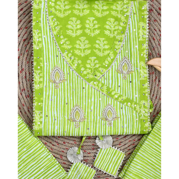 Traditional Screen Print Cotton Unstitched Suit With Cotton Dupatta Green-SHKS1104