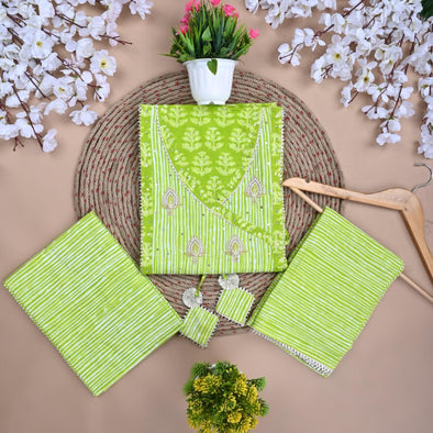 Traditional Screen Print Cotton Unstitched Suit With Cotton Dupatta Green-SHKS1104