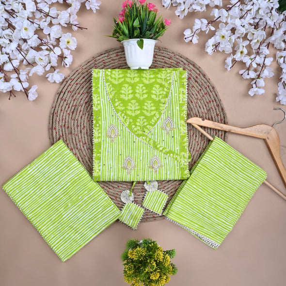Traditional Screen Print Cotton Unstitched Suit With Cotton Dupatta Green-SHKS1104