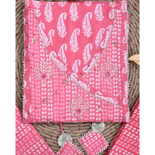 Traditional Screen Print Cotton Unstitched Suit With Cotton Dupatta (Pink-SHKS1105) - Frionkandy