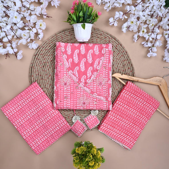Traditional Screen Print Cotton Unstitched Suit With Cotton Dupatta (Pink-SHKS1105) - Frionkandy
