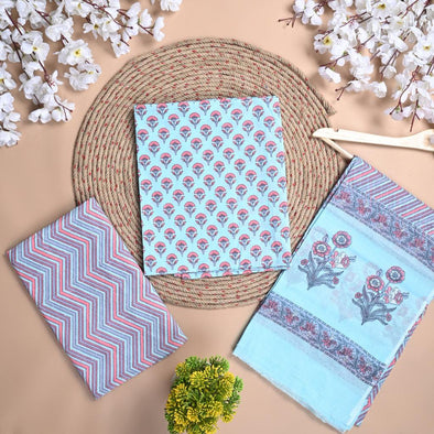Floral Print Pure Cotton Light Blue Unstitched Suit With Cotton Dupatta (SHKS1118) - Frionkandy