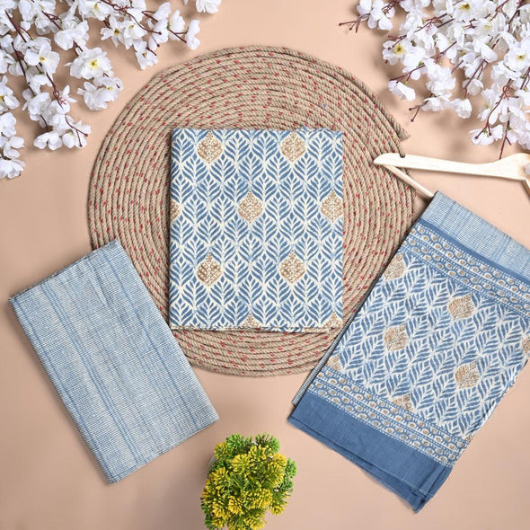 Floral Print Pure Cotton Blue Unstitched Suit With Cotton Dupatta (SHKS1119) - Frionkandy