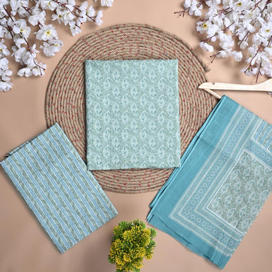 Floral Print Pure Cotton Light Blue Unstitched Suit With Cotton Dupatta (SHKS1122) - Frionkandy