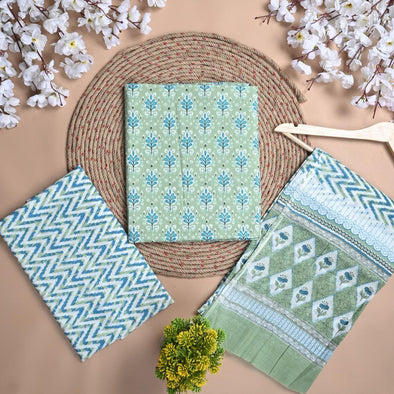 Floral Print Pure Cotton Light Green Unstitched Suit With Cotton Dupatta (SHKS1126) - Frionkandy