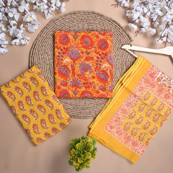 Floral Print Pure Cotton Orange Unstitched Suit With Cotton Dupatta- SHKS1130
