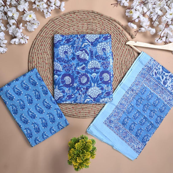 Floral Print Pure Cotton Blue Unstitched Suit With Cotton Dupatta- SHKS1131