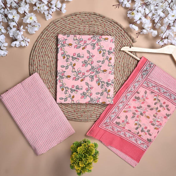 Floral Print Pure Cotton Pink Unstitched Suit With Cotton Dupatta- SHKS1132