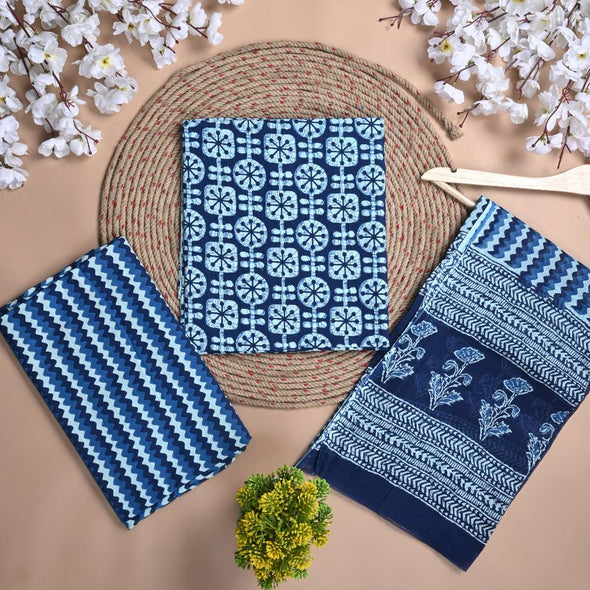 Floral Print Pure Cotton Blue Unstitched Suit With Cotton Dupatta- SHKS1133