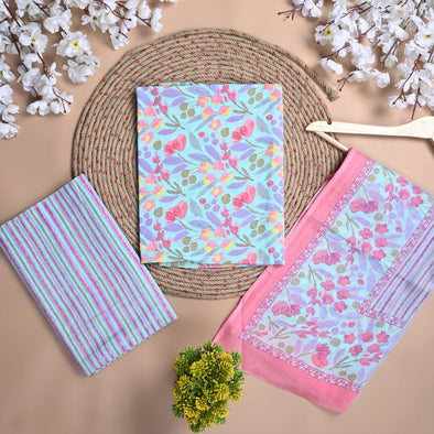Floral Print Pure Cotton Light Blue Unstitched Suit With Cotton Dupatta (SHKS1134) - Frionkandy