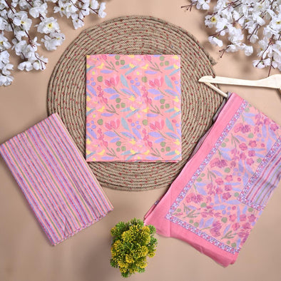 Floral Print Pure Cotton Pink Unstitched Suit With Cotton Dupatta (SHKS1135) - Frionkandy