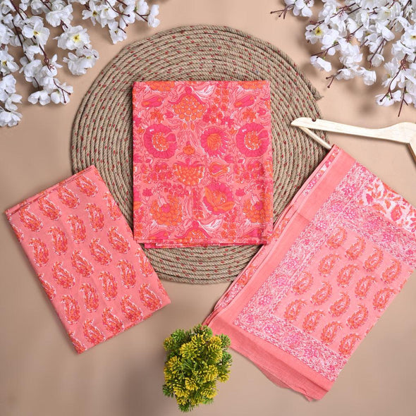 Floral Print Pure Cotton Pink Unstitched Suit With Cotton Dupatta (SHKS1137) - Frionkandy