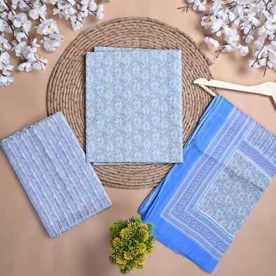 Floral Print Pure Cotton Blue Unstitched Suit With Cotton Dupatta (SHKS1138) - Frionkandy