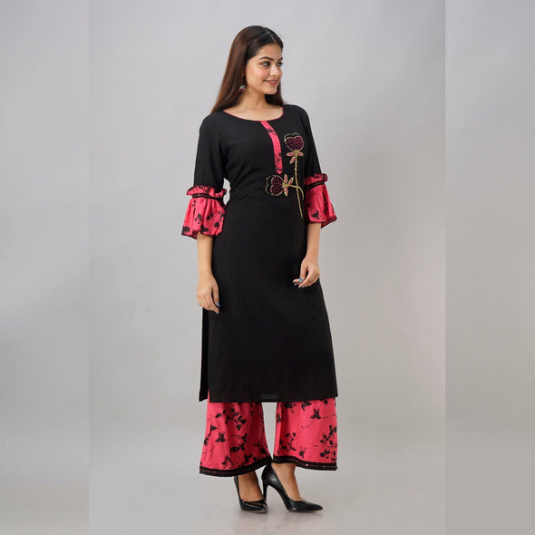 Rayon Black Embroidered Kurta With Palazzo Set - Frionkandy