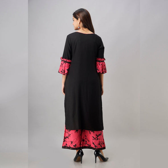 Rayon Black Embroidered Kurta With Palazzo Set - Frionkandy