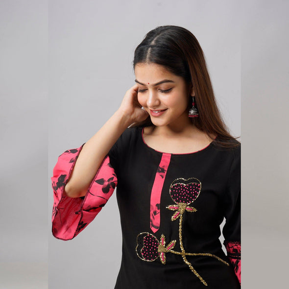 Rayon Black Embroidered Kurta With Palazzo Set - Frionkandy