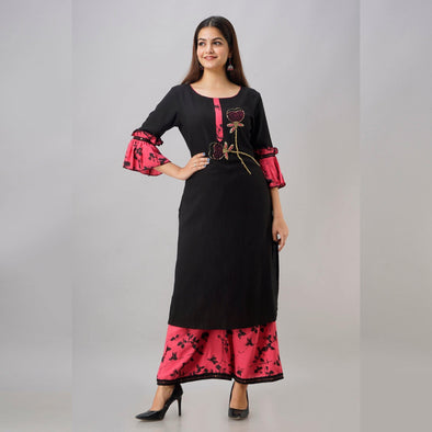 Rayon Black Embroidered Kurta With Palazzo Set - Frionkandy