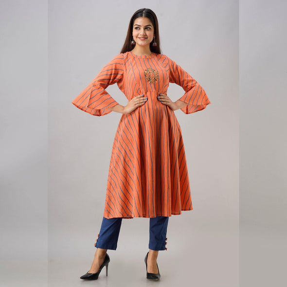 Orange Leheriya Print Cotton Suit Set - Frionkandy