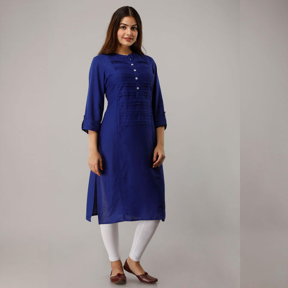 Midnight Blue Pintuck Straight Kurti - Frionkandy