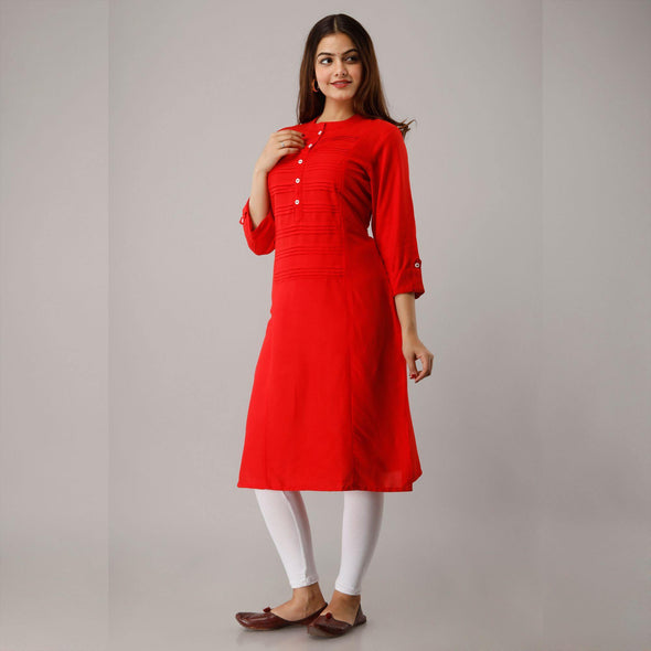 Red Rayon Knee-Long Pintuck Kurta - Frionkandy