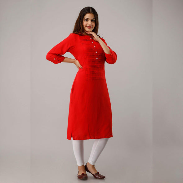 Red Rayon Knee-Long Pintuck Kurta - Frionkandy