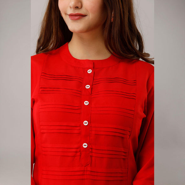 Red Rayon Knee-Long Pintuck Kurta - Frionkandy