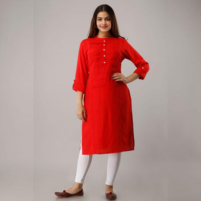 Red Rayon Knee-Long Pintuck Kurta - Frionkandy