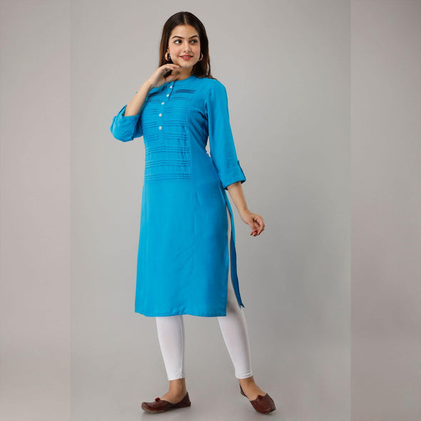 Turquoise Blue Rayon Knee-Long Pintuck Kurta - Frionkandy