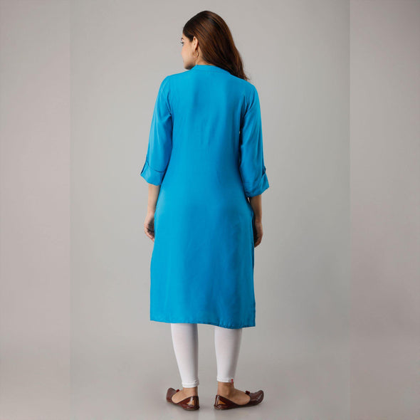 Turquoise Blue Rayon Knee-Long Pintuck Kurta - Frionkandy