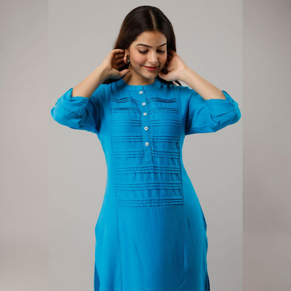 Turquoise Blue Rayon Knee-Long Pintuck Kurta - Frionkandy