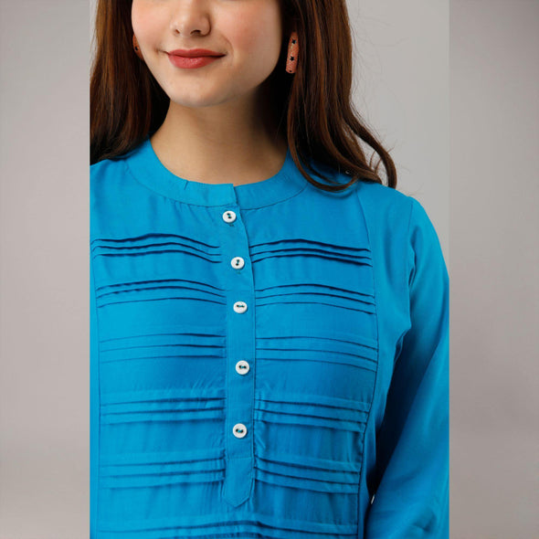 Turquoise Blue Rayon Knee-Long Pintuck Kurta - Frionkandy