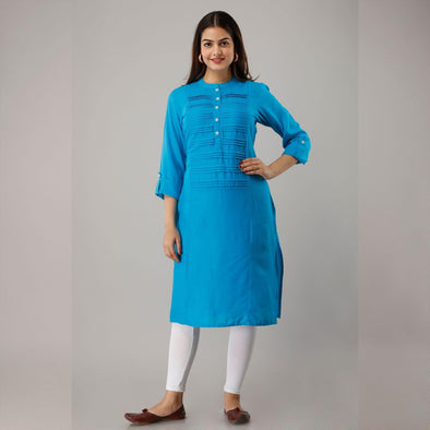 Turquoise Blue Rayon Knee-Long Pintuck Kurta - Frionkandy