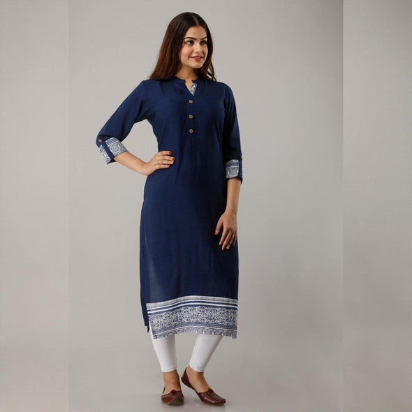 Solid Rayon Calf Length Blue Kurta - Frionkandy