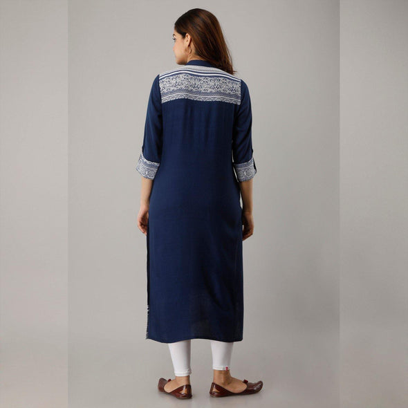 Solid Rayon Calf Length Blue Kurta - Frionkandy
