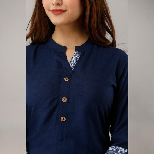Solid Rayon Calf Length Blue Kurta - Frionkandy
