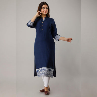 Solid Rayon Calf Length Blue Kurta - Frionkandy