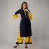 Navy yellow printed rayon suit set - Frionkandy