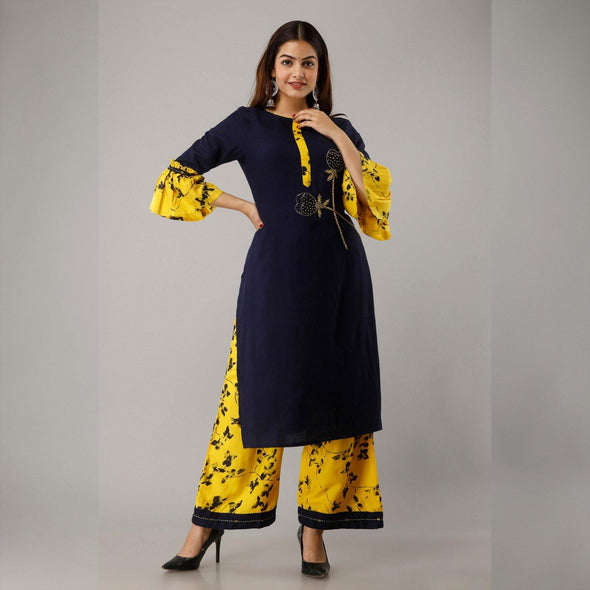 Rayon Embellished, Solid Black Kurta With Palazzo Set - Frionkandy