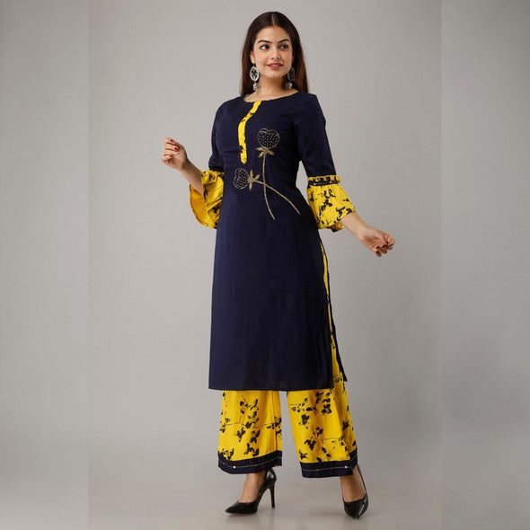 Rayon Embellished, Solid Black Kurta With Palazzo Set - Frionkandy
