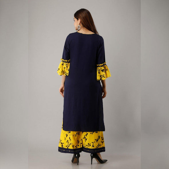 Rayon Embellished, Solid Black Kurta With Palazzo Set - Frionkandy