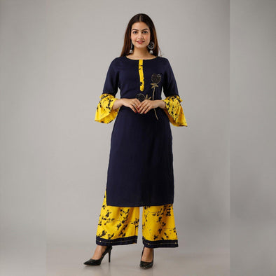 Navy yellow printed rayon suit set - Frionkandy