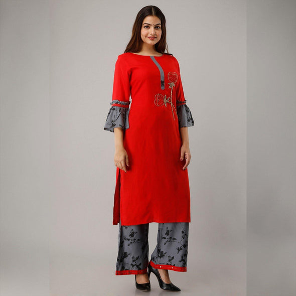 Rayon Embellished, Solid Red Kurta With Palazzo Set - Frionkandy