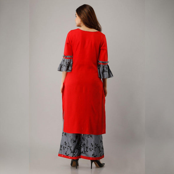 Rayon Embellished, Solid Red Kurta With Palazzo Set - Frionkandy