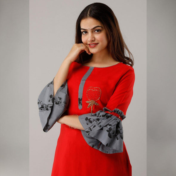 Rayon Embellished, Solid Red Kurta With Palazzo Set - Frionkandy