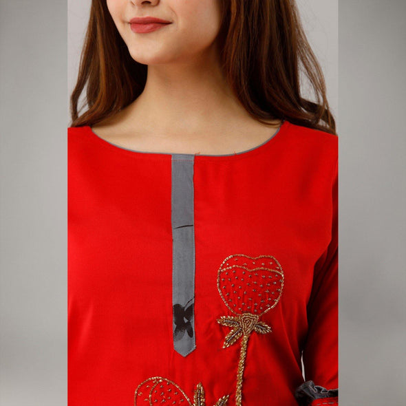 Rayon Embellished, Solid Red Kurta With Palazzo Set - Frionkandy